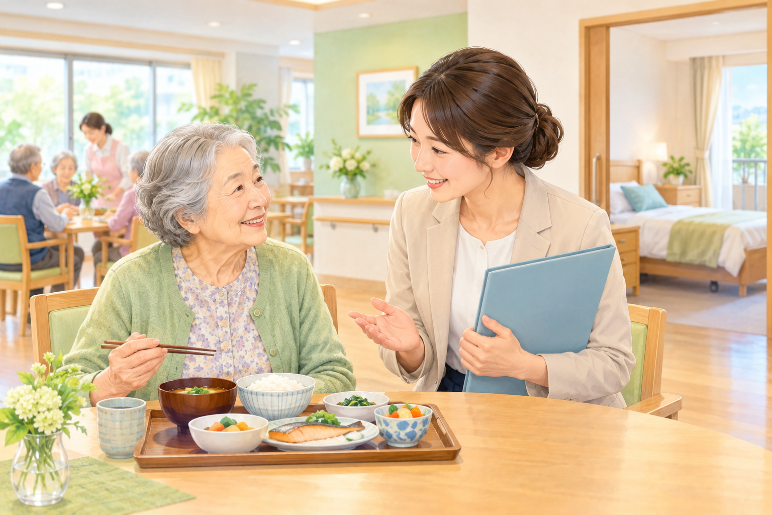介護施設で食事をする高齢女性が、居室や費用について相談員と話すイラスト