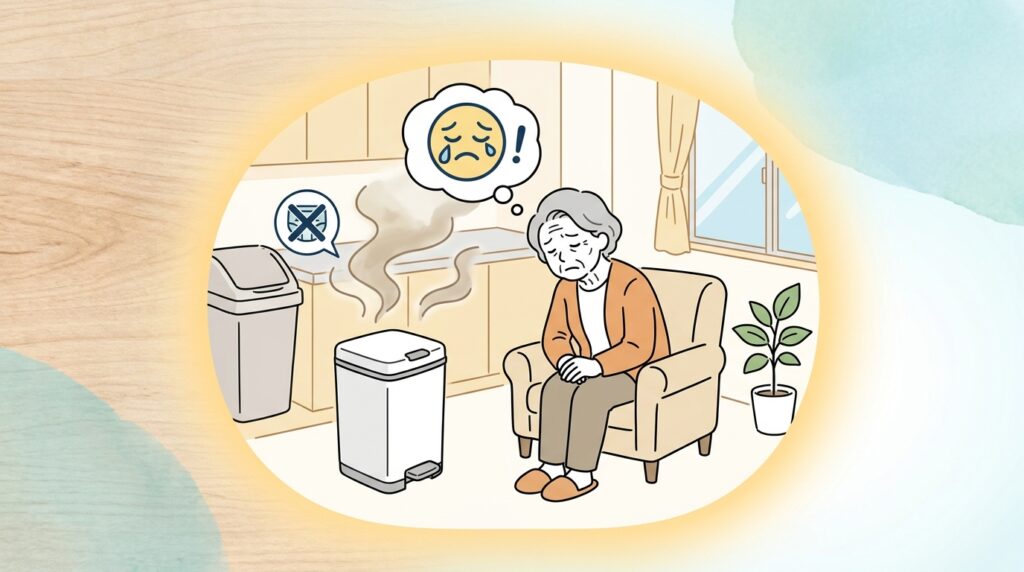 「使用済みの大人用おむつが臭うのがつらい」イメージイラスト