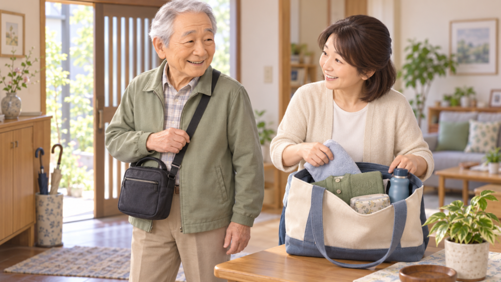 デイサービスの持ち物を準備する親子