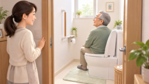 清潔なトイレと、改修後に気持ちよく使うお父さま、安心したご家族