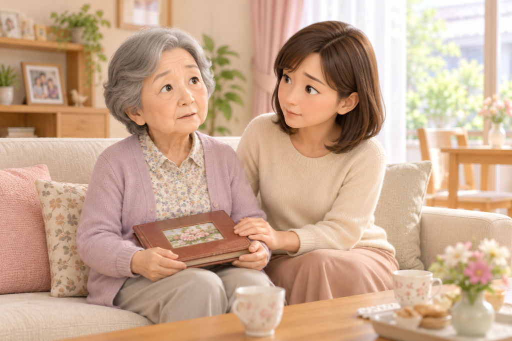 高齢の母親に寄り添い、暮らしについて話す娘のイラスト