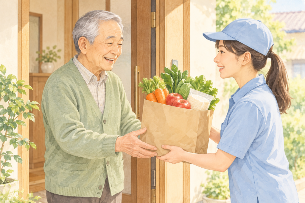 自宅の玄関で、女性の配達スタッフから食料品を受け取る高齢男性のイラスト