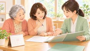 要介護認定の更新に向けて、カレンダーや書類を見ながら相談する高齢の母親と娘、介護職員のイラスト