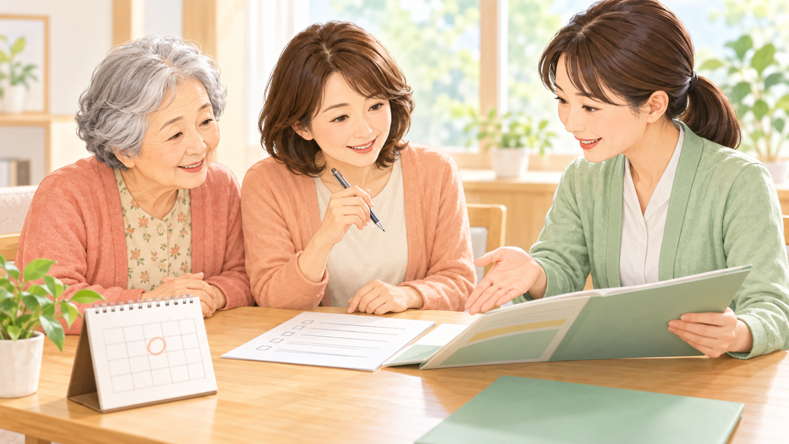 要介護認定の更新に向けて、カレンダーや書類を見ながら相談する高齢の母親と娘、介護職員のイラスト