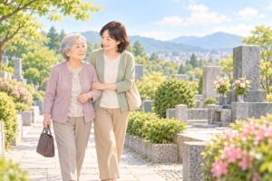 高齢の母親に付き添いながら墓地を歩く娘