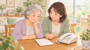 不審な電話への備えとして、電話のそばで連絡先のメモを一緒に確認する高齢の母親と娘のイラスト