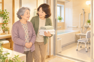 高齢の母親と娘が、手すりや入浴用いすのある浴室の前で、入浴の備えについて相談するイラスト