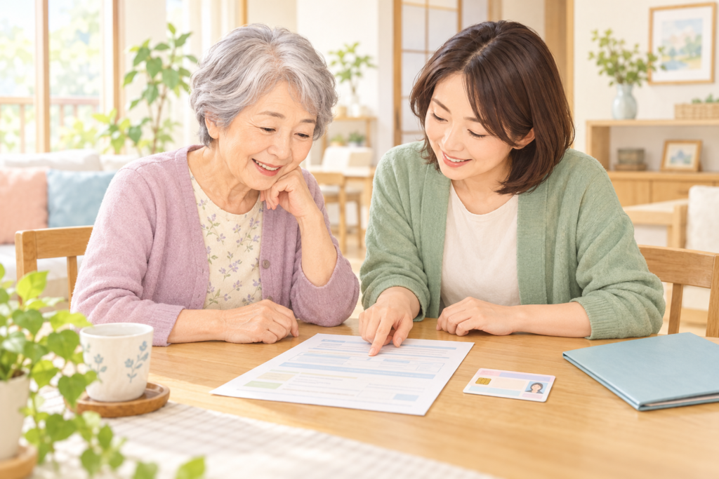 介護保険の書類とカードを、テーブルで一緒に確認する高齢の母親と娘のイラスト