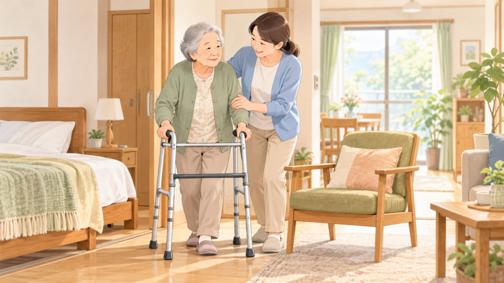 歩行器を使う高齢の女性を家族が支え、自宅で一緒に歩く様子
